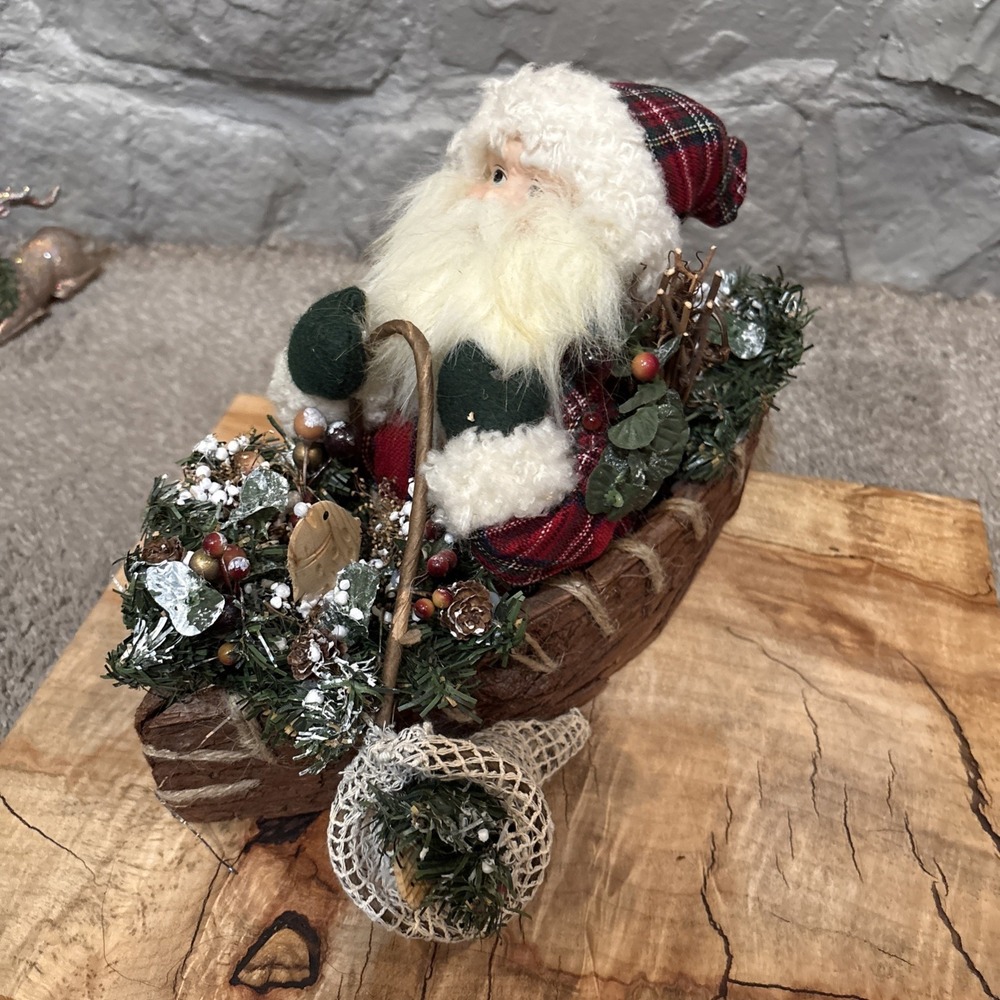 Santa Claus Figurine In Canoe With Gifts Rustic Winter Decor